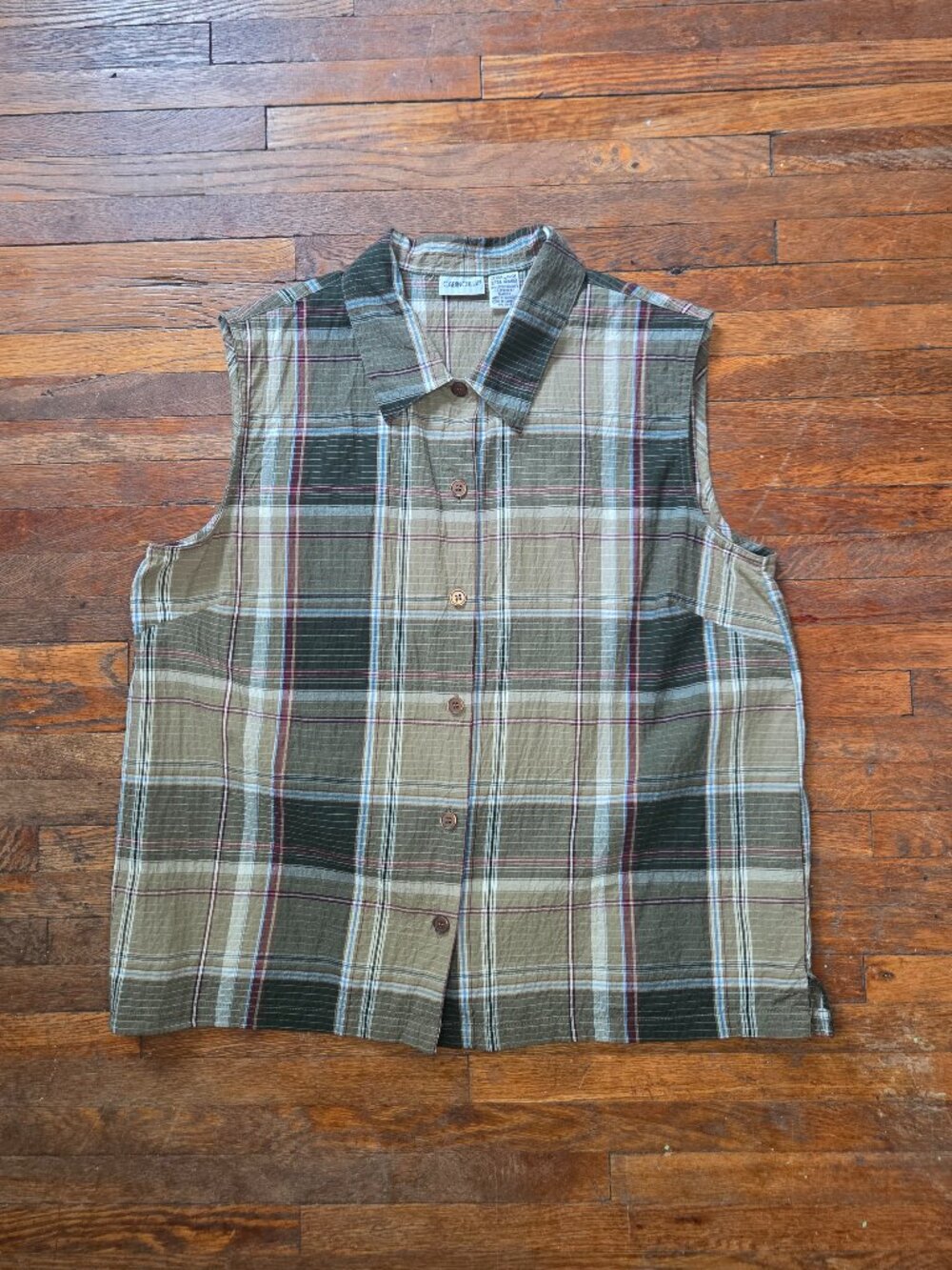 Cabin Creek Vintage Green Plaid Sleeveless Button Down Shirt